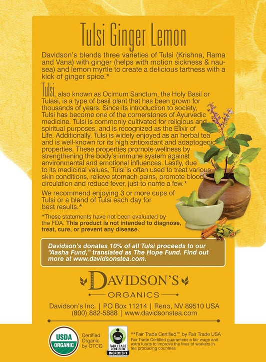 Davidson'S Organics, Tulsi Ginger Lemon, 8-Count Tea Bags, Pack Of 12