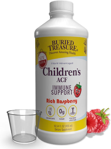Buried Treasure Childrens Acf Advanced Immune Support, Cherry Flavor, 16Oz W/Dose Cup, Immune Booster Supplement For Kids, Liquid Herbal Immunity Formula W/Vitamin C Elderberry Enchinacea Zinc