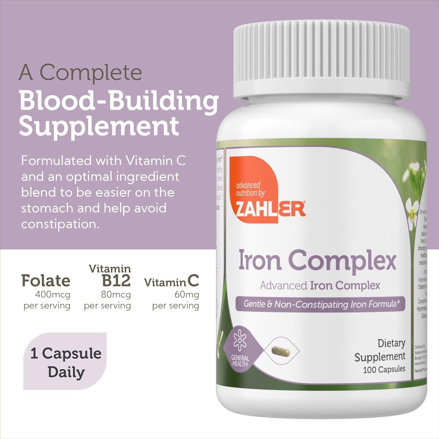 Zahler - Iron Supplement with Vitamin C - Capsule Iron Pills for Women and Men - High Absorption, Easy on Stomach, Kosher Ferrous Iron Supplements with Vitamins C, B12, Folate & More - 100 Count : Health & Household