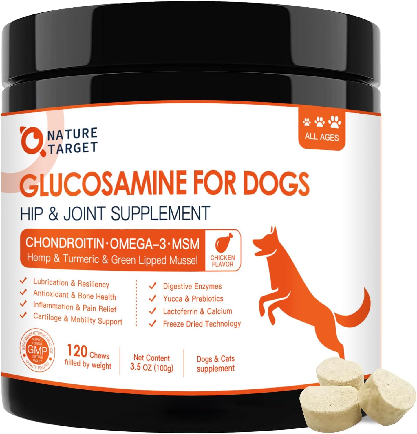 Glucosamine for Dogs, Joint Supplement for Dogs, Chondroitin, Omega-3, MSM, Hemp, Turmeric for Pain Relief, Dog Joint Supplement with Calcium for Bone Health, 120 Chicken Flavored Crunchy Chews