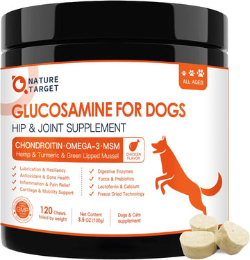 Glucosamine for Dogs, Joint Supplement for Dogs, Chondroitin, Omega-3, MSM, Hemp, Turmeric for Pain Relief, Dog Joint Supplement with Calcium for Bone Health, 120 Chicken Flavored Crunchy Chews