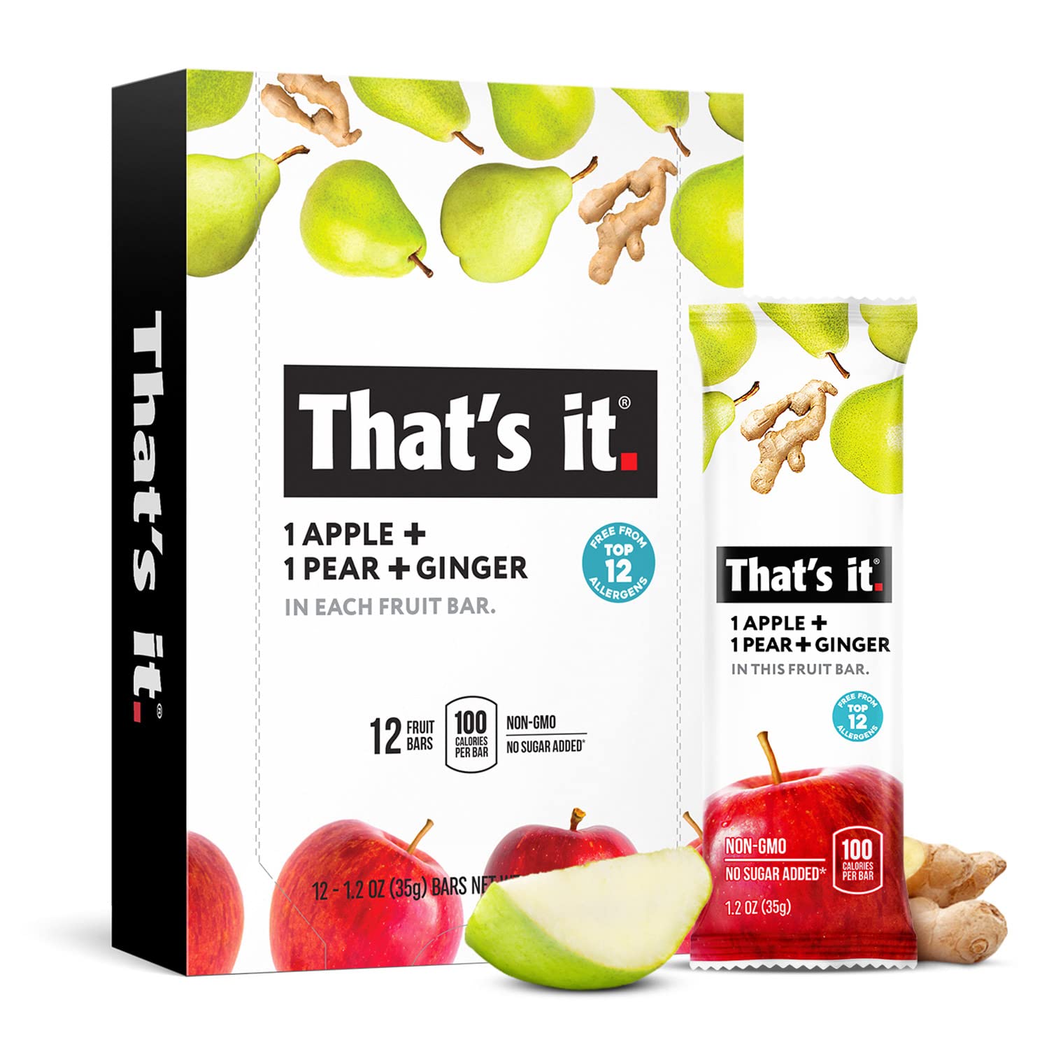 That'S It. Apple+Pear+Ginger 100% Natural Real Fruit Bar, Best High Fiber Vegan, Gluten Free Healthy Snack, Paleo For Children & Adults, Non Gmo No Added Sugar, No Preservatives Energy Food (12 Pack)