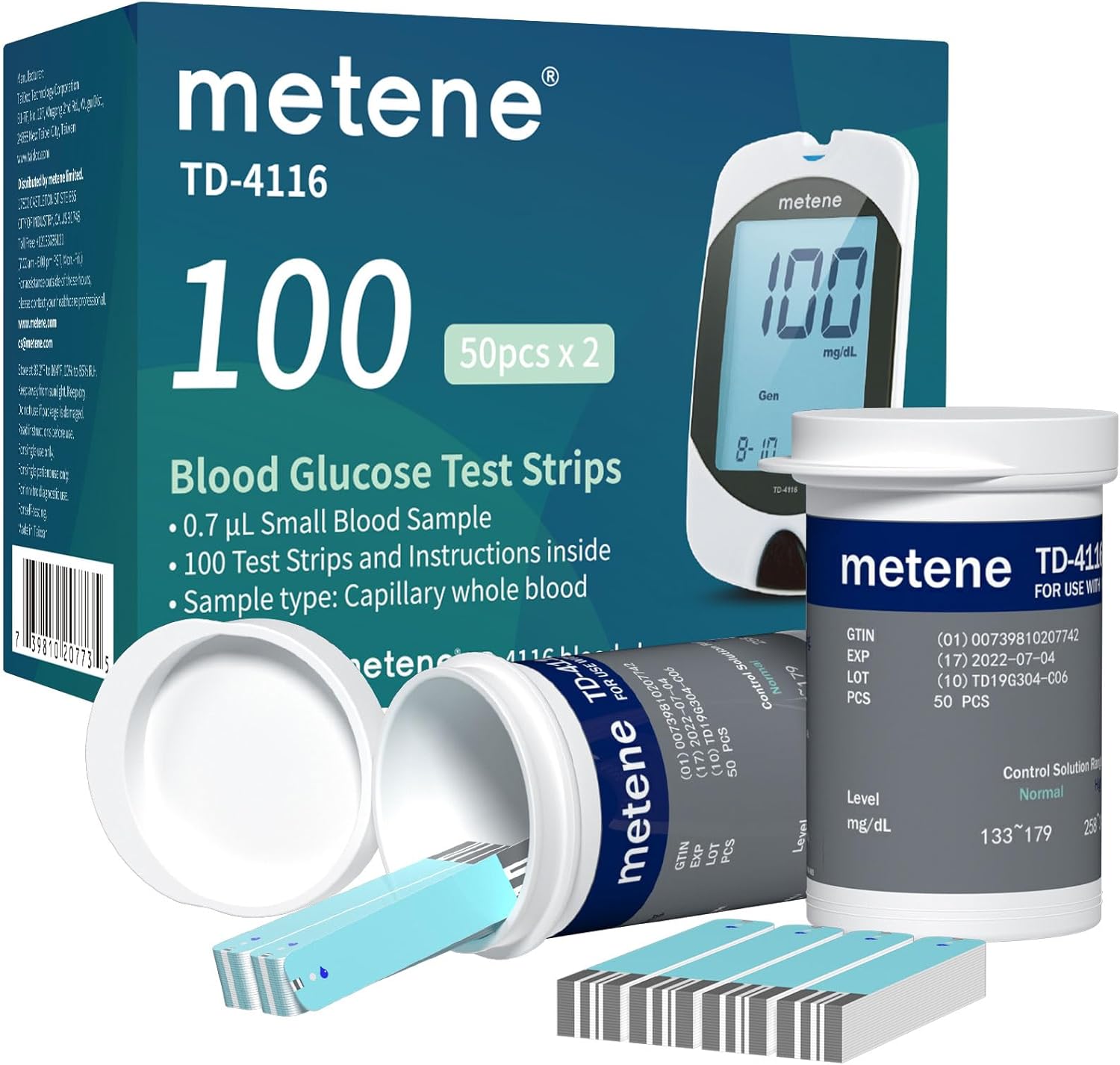 Metene Td-4116 Blood Glucose Test Strips, 100 Count Blood Sugar Test Strips For Diabetes, Use With Metene Td-4116 Blood Glucose Monitoring System Only