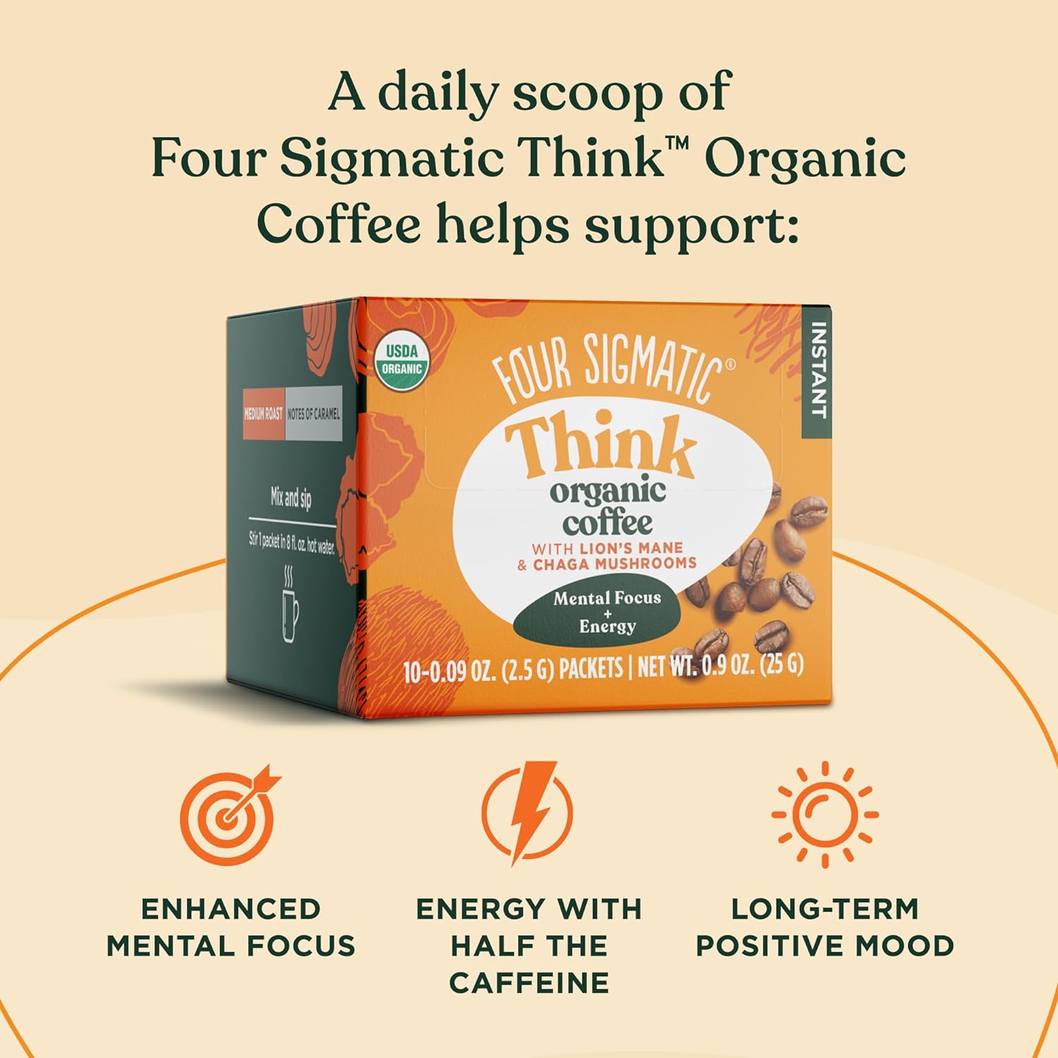 Four Sigmatic Organic Mushroom Coffee | Arabica Instant Coffee Singles with Lion's Mane, Chaga and Rhodiola | Mushroom Coffee Instant Mix for Better Focus and Immune Support | 10 Packets : Grocery & Gourmet Food