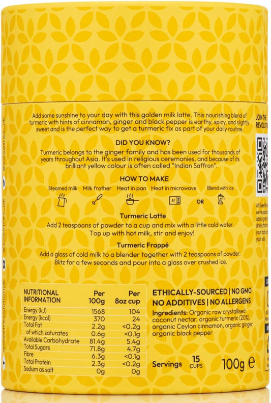 Sweet Revolution Organic Turmeric Latte With Black Pepper Barista Blend (1 X 100G) Tub. Gluten Free, Dairy Free, Refined Sugar-Free