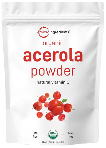 Organic Acerola Powder, 8Oz | Natural Organic Vitamin C Superfood | No Sugar & Additives | Great Flavor For Drinks, Smoothie, & Beverages | Non-Gmo & Vegan Friendly, Brazil Origin
