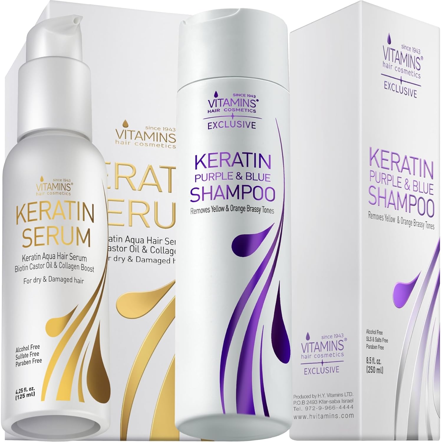 Vitamins Keratin Purple Shampoo and Hair Serum Kit - Violet Blue Shampoo Anti Brassiness for Bleached Blonde Platinum Silver White Gray Dry Damaged Hair and Heat Protectant, Anti Frizz Gloss Boost