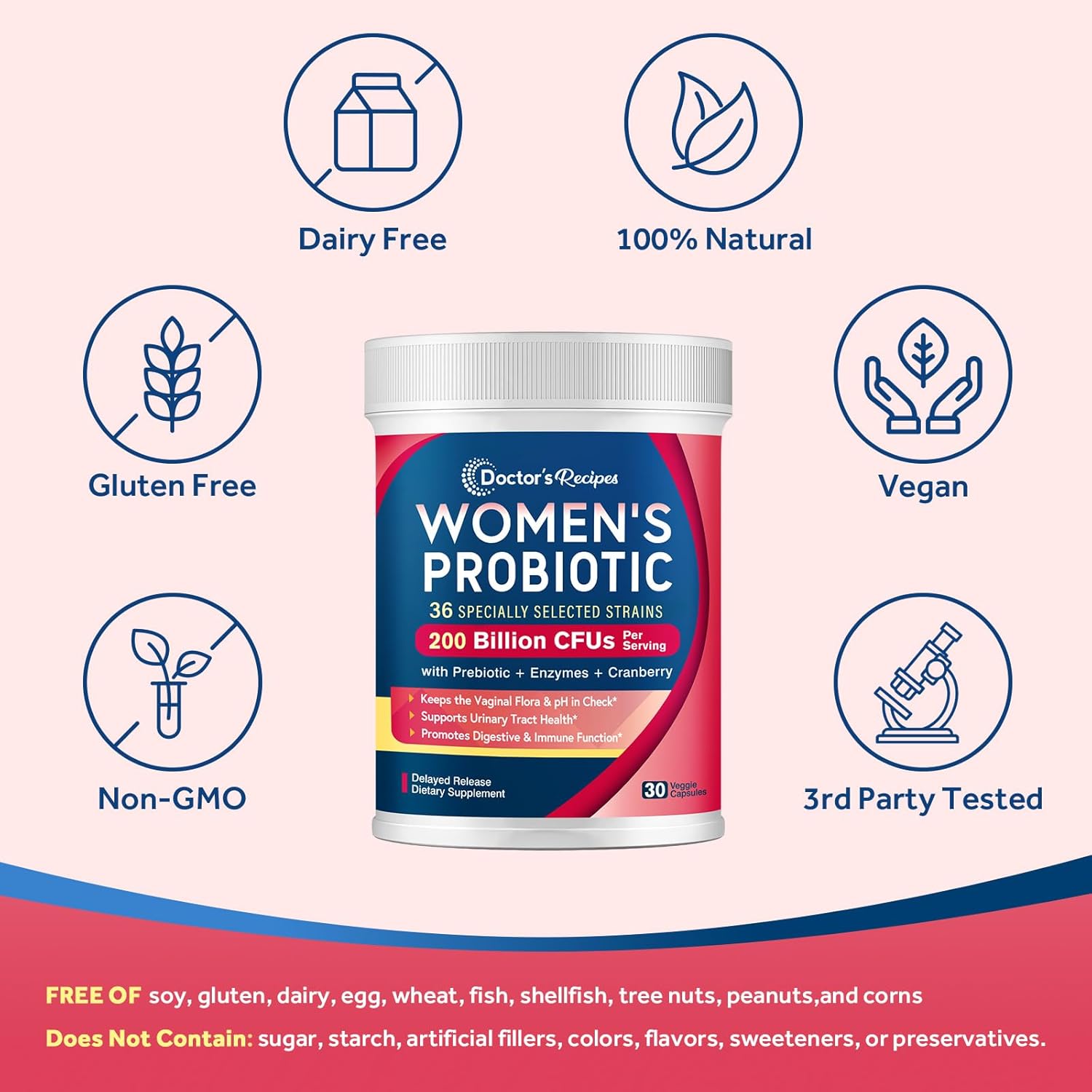 Doctor'S Recipes Probiotics For Women, 200B Cfus 36 Strains, With Prebiotics, Enzymes & Cranberry, Vaginal Urinary Digestive & Immune, Shelf Stable, 30 Caps : Health & Household