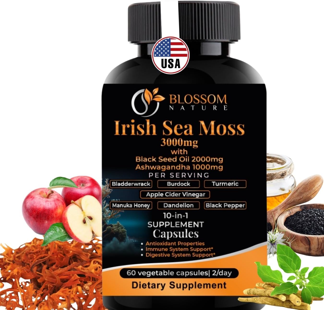 10-In-1 Irish Sea Moss Veggie Caps 3000Mg Black Seed Oil Ashwagandha Bladderwrack Burdock Turmeric Apple Cider Vinegar Manuka Honey Dandelion Black Pepper - For Immune And Digestive System, Made In Us