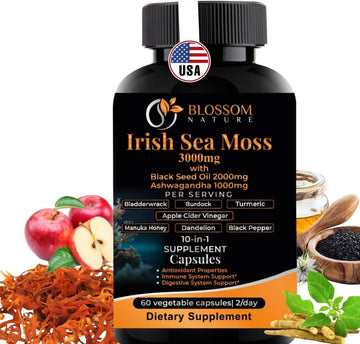 10-In-1 Irish Sea Moss Veggie Caps 3000Mg Black Seed Oil Ashwagandha Bladderwrack Burdock Turmeric Apple Cider Vinegar Manuka Honey Dandelion Black Pepper - For Immune And Digestive System, Made In Us