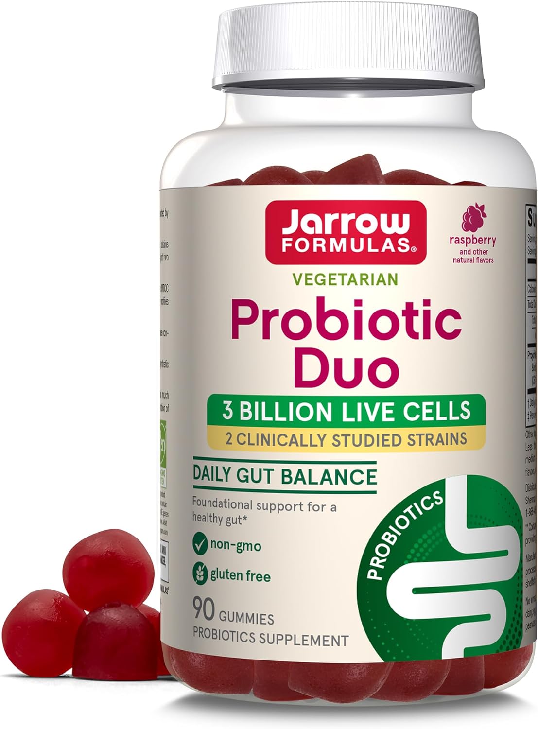 Jarrow Formulas Probiotic Duo 3 Billion Live Cells With 2 Clinically-Studied Strains, Dietary Supplement For Digestive And Immune Health Support, 90 Raspberry-Flavored Gummies, 45 Day Supply