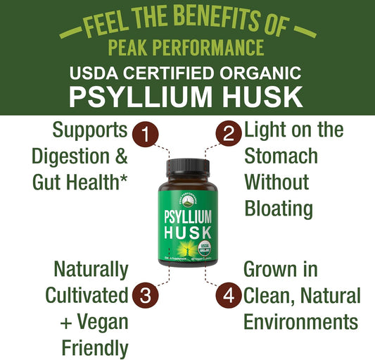 Usda Organic Psyllium Husk Vegan Capsules Made With Organic Psyllium Husk Seed. Fiber Supplement For Gut. Digestive Prebiotics. Pills For Digestion, Roughage Without Bloating. Tablets