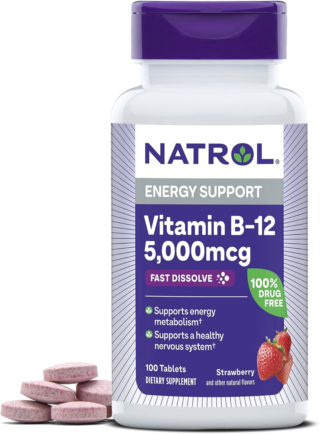 Natrol Vitamin B12 Fast Dissolve Tablets, Promotes Energy, Supports A Healthy Nervous System, Maximum Strength, Strawberry Flavor, 5,000Mcg, 100 Count