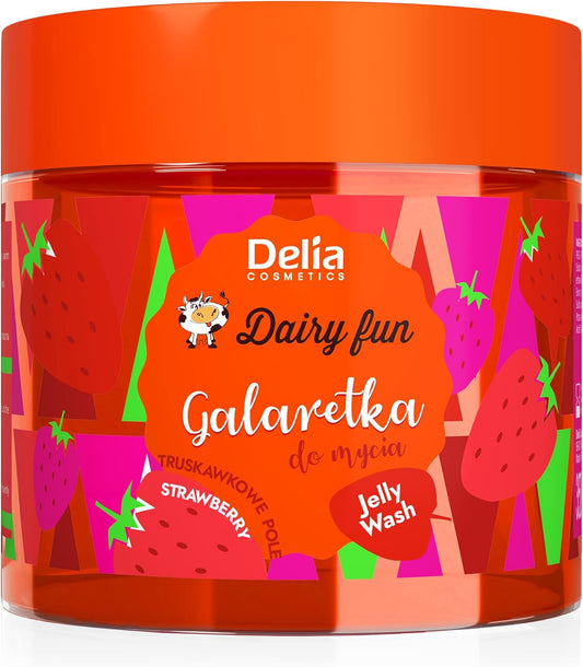 Delia Cosmetics - Dairy Fun - Strawberry Jelly For Body Wash - Cleans And Refreshes - Scented And Smooth Skin - Intense Sweet Strawberry Fragrance - Natural Extracts - 350 G