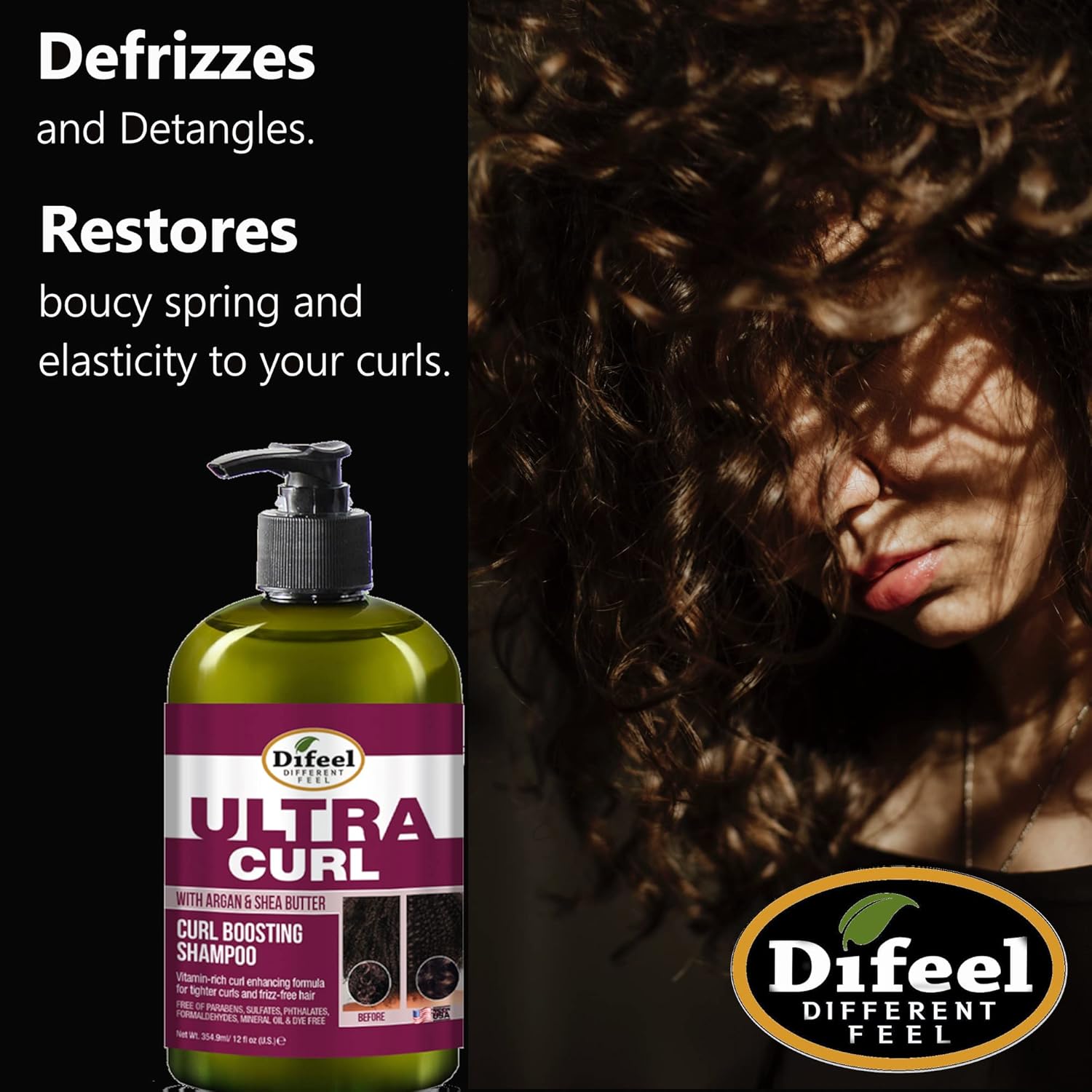 Difeel Ultra Curl with Argan & Shea Butter - Curl Boosting Shampoo 12 oz., Sulfate Free Shampoo Made with Natural Ingredients : Beauty & Personal Care