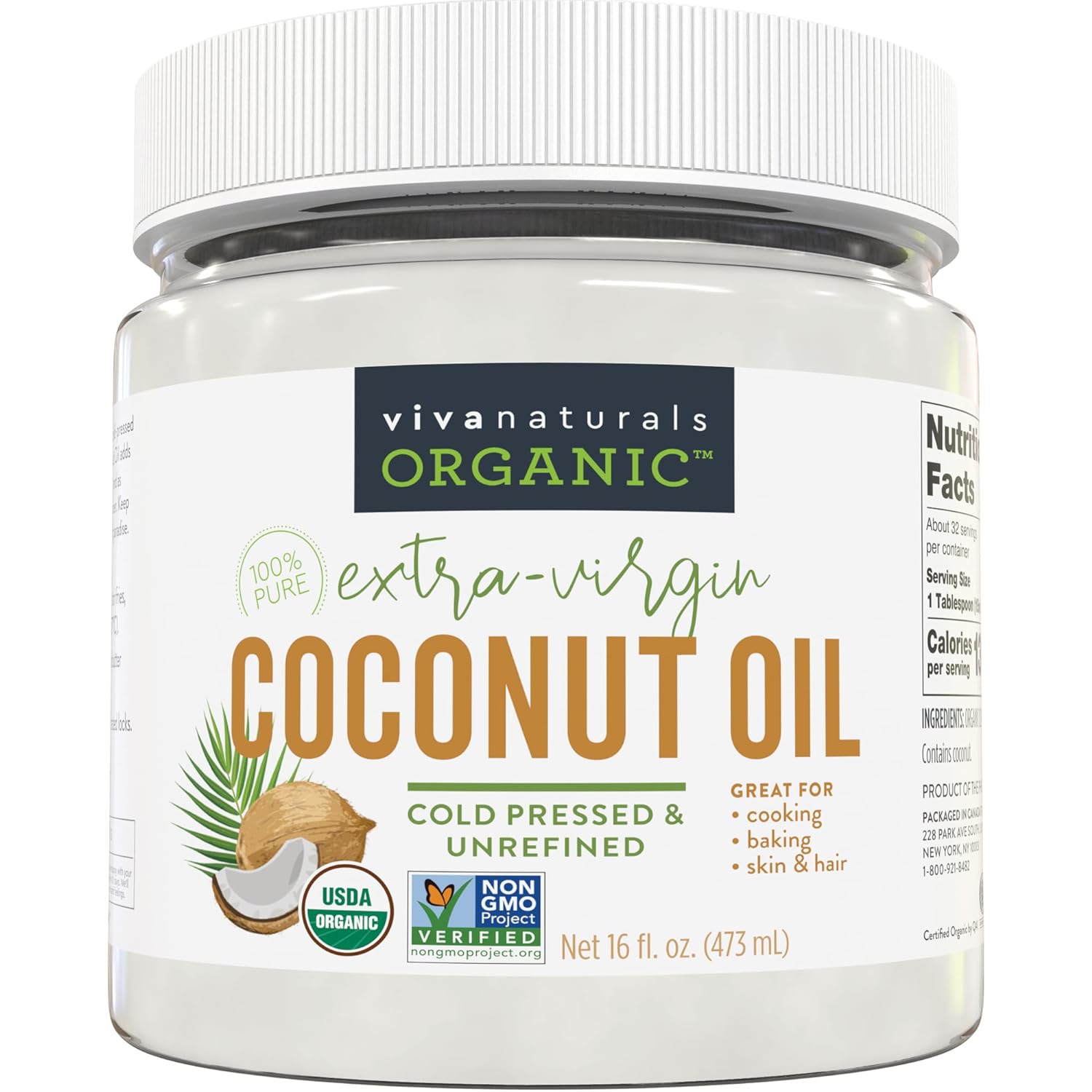 Virgin Coconut Oil, 16 fl oz - Non-GMO, Cold-Pressed and Unrefined Coconut Oil Organic Certified - Natural Flavour Coconut Oil for Cooking and Baking