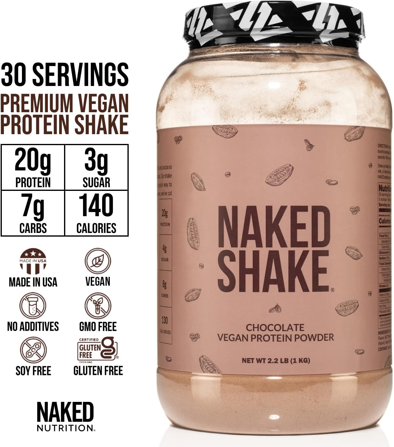 NAKED nutrition Naked Shake - Chocolate Protein Powder - Plant Based Protein Shake with Mct Oil, Gluten-Free, Soy-Free, No Gmos Or Artificial Sweeteners - 30 Servings : Health & Household