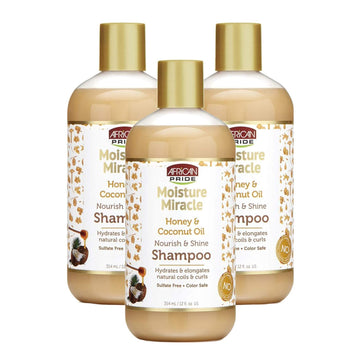 African Pride Moisture Miracle Honey & Coconut Oil Shampoo - For Natural Coils & Curls, Nourishes & Shines, Sulfate Free, Color Safe, 12 oz (3 Pack)