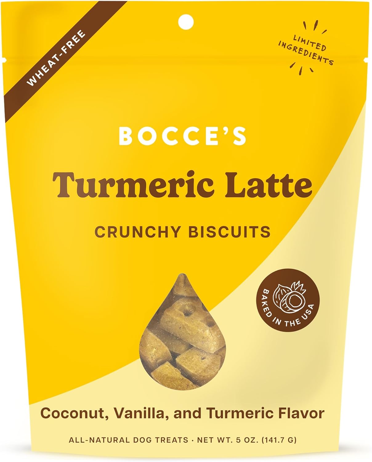 Bocce'S Bakery Oven Baked Turmeric Latte Treats For Dogs, Wheat-Free Everyday Dog Treats, Made With Real Ingredients, Baked In The Usa, All-Natural Biscuits, Coconut, Vanilla, & Turmeric, 5 Oz
