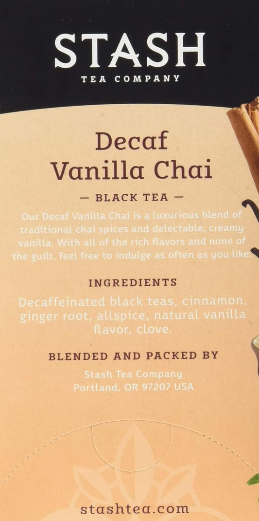 Stash Tea Decaf Vanilla Chai Tea, 6 Boxes With 18 Tea Bags Each (108 Tea Bags Total)