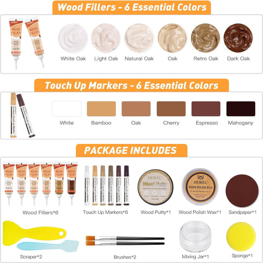 DEWEL Wood Repair Kit, Wood Scratch Repair for Oak Colors Series Furniture, 6 Colors Furniture Touch up Markers and Wood Fillers for Scratches, Cracks, Wood Floor, Cabinet, Table