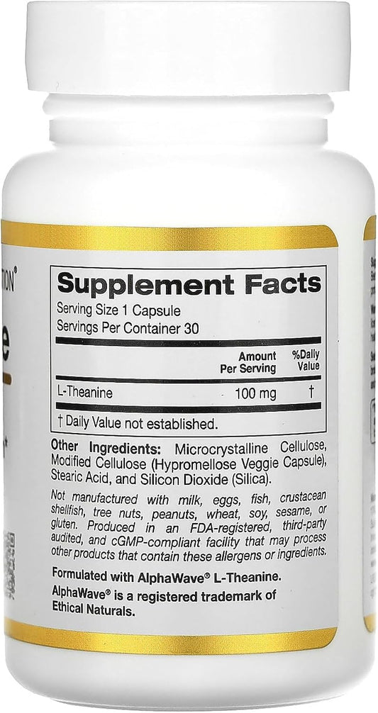 California Gold Nutrition L-Theanine, Featuring Alphawave, 100 Mg, 30 Veggie Capsules