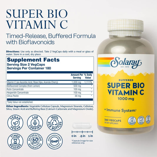 SOLARAY Super Bio C Buffered Vitamin C w/Bioflavonoids, Timed-Release Formula for All-Day Immune Support, Gentle Digestion, 1000mg, 360 Ct