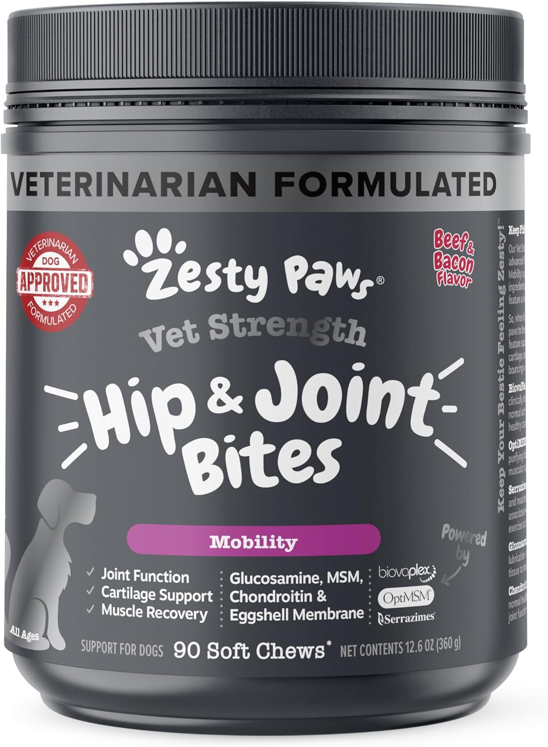 Zesty Paws Vet Strength Mobility Bites Beef & Bacon Flavor Hip & Joint Support Chews For Dogs With Glucosamine, Chondroitin, Msm, Hyaluronic Acid & Serrazimes - 90 Count