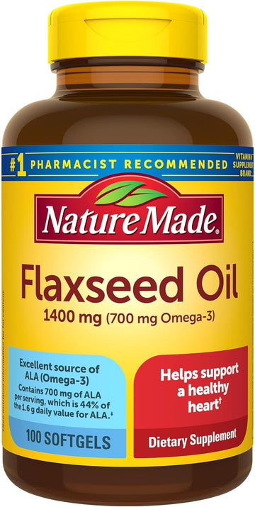 Nature Made Extra Strength Flaxseed Oil 1400 Mg, Fish Free Omega 3 Supplement, Dietary Supplement For Heart Health Support, 100 Softgels, 100 Day Supply