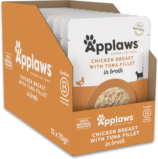 Applaws 100% Natural Adult Wet Cat Food, Chicken Breast with Tuna Fillet in Broth 70g Pouch (12 x 70 g Pouches)
