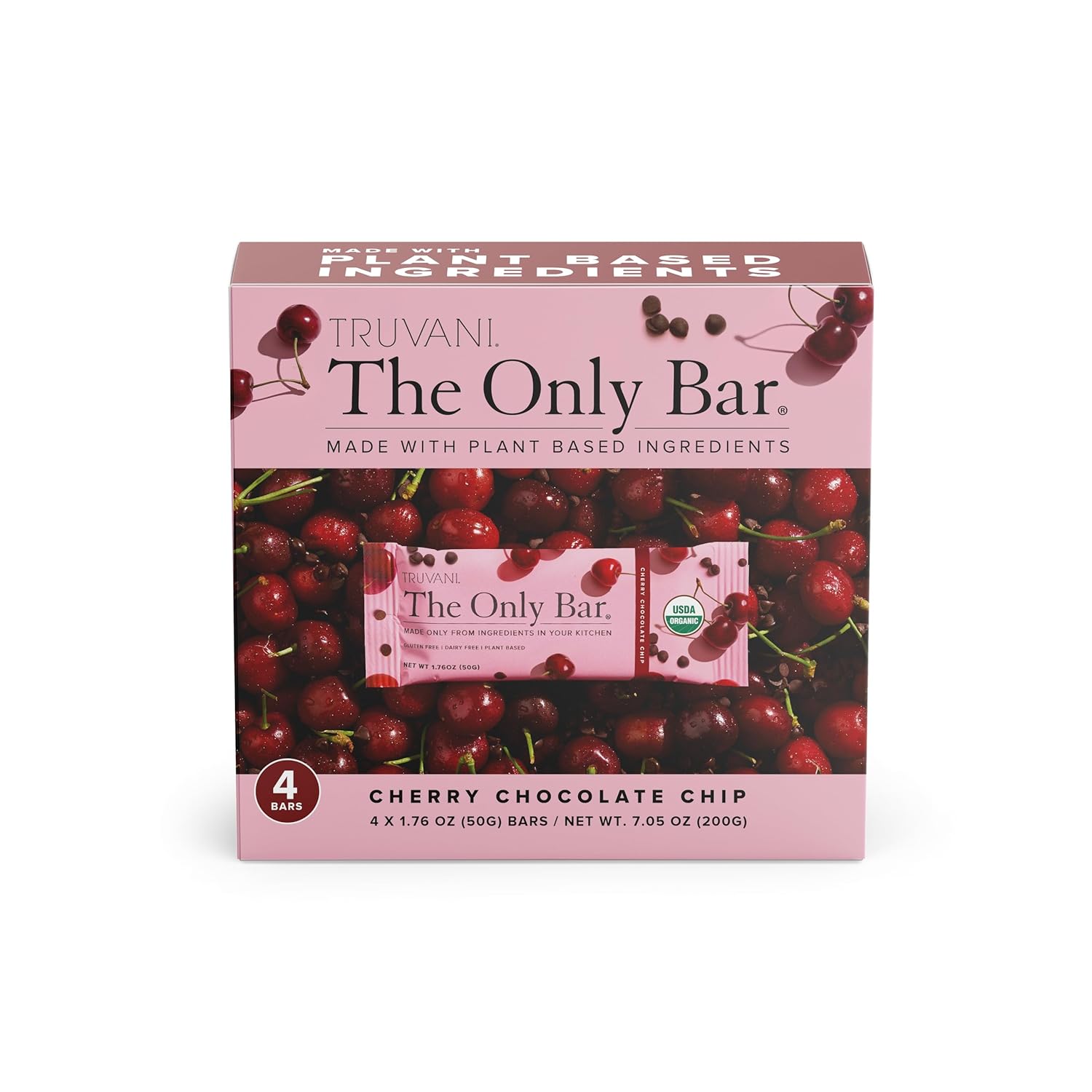 Truvani Plant Based Snack Bars | 5G Protein | 4 Pack Cherry Chocolate Chip | Organic | Vegan | The Only Bar | Dairy, Soy, And Gluten Free | Individually Wrapped