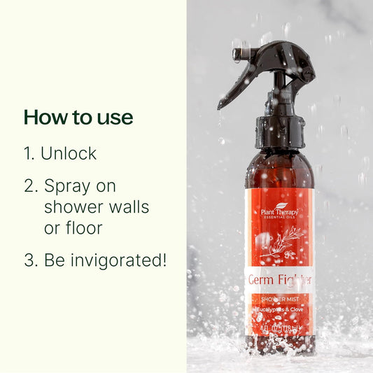 Plant Therapy Germ Fighter Shower Spray Mist 4 Oz, For An Aromatherapy Shower Steamer Experience, Fresh & Spicy Aroma, Stimulating & Refreshing, Great For Morning & Evening Showers