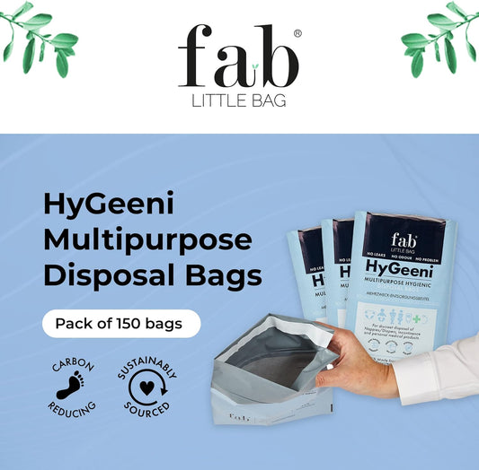 Fab Little Bag HyGeeni Nappy Disposal Bags, 150 Pack - Multipurpose Sanitary Bags for Nappies, Adult Nappies, Incontinence, Medical Waste, Ostomy Bag - No Mess, No Odour - Eco-Friendly