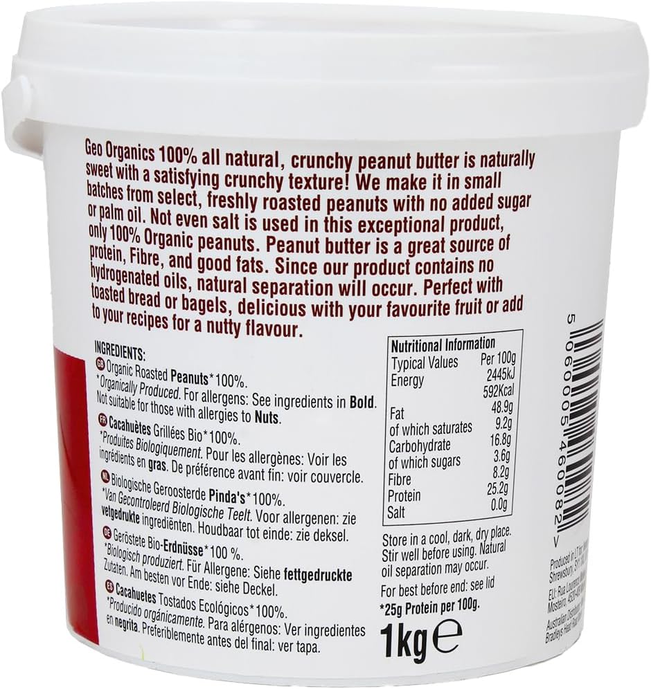 Geo Organics Smooth Peanut Butter 1Kg Tub (6Pk) -Made With 100% Organic Roasted Peanuts -Natural, No Palm Oil, No Added Sugar, No Salt, Hi-Oleic Peanuts, High Protein, Gluten Free, Vegan, Dairy Free