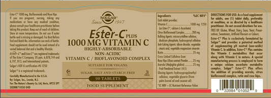 Solgar Ester-C Plus 1000 Mg Vitamin C (Ascorbate Complex), 90 Tablets - Gentle On The Stomach & Non Acidic - Antioxidant & Immune System Support - Non Gmo, Vegan, Gluten Free, Kosher - 90 Servings