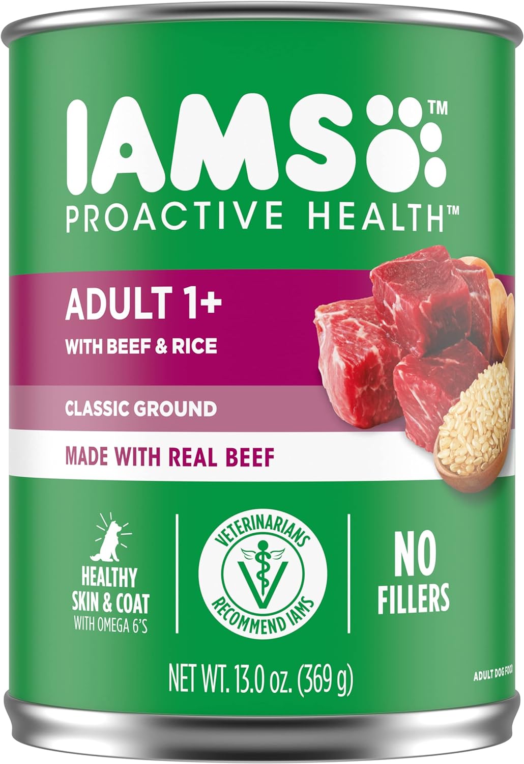 IAMS PROACTIVE HEALTH Adult Wet Dog Food Classic Ground with Beef and Whole Grain Rice, 12-Pack of 13 oz. Cans