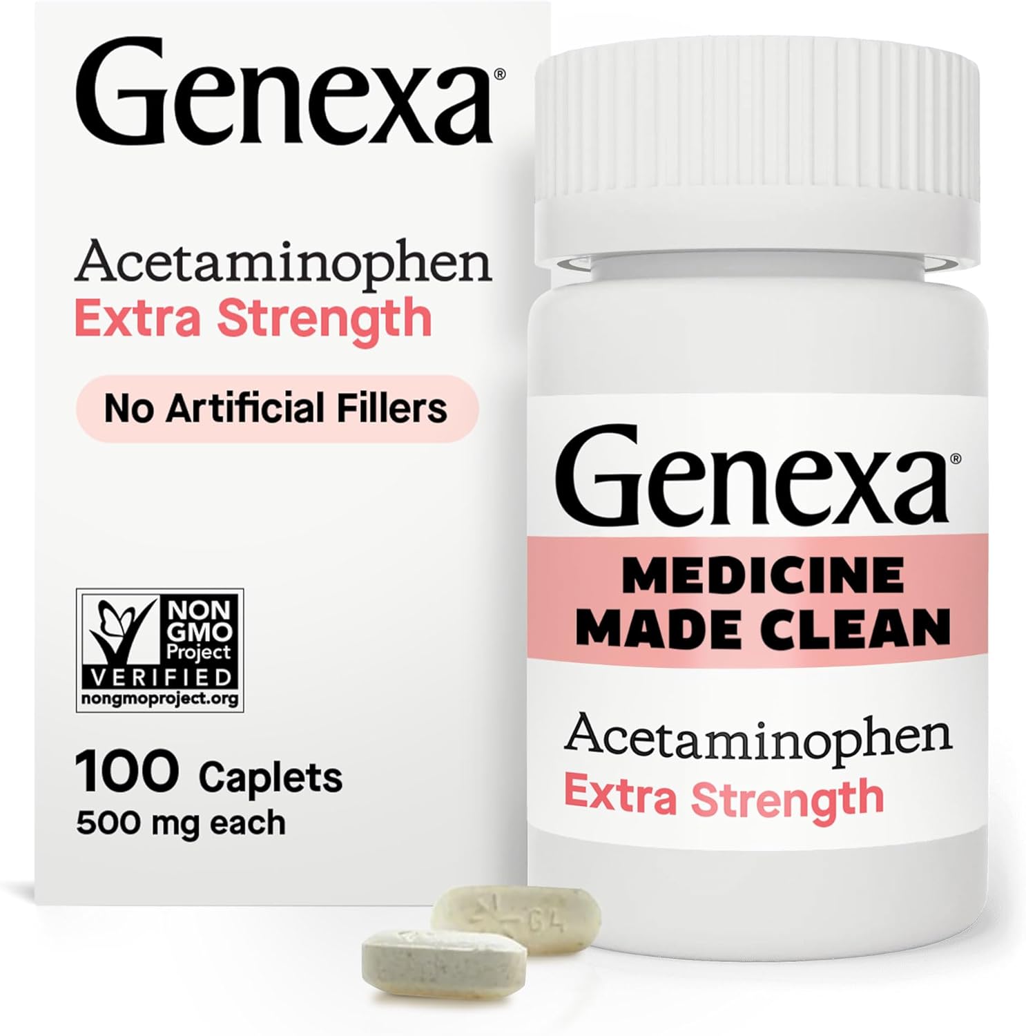 Genexa Clean Acetaminophen Extra Strength, Dye Free Pain Reliever & Fever Reducer, 0% Artificial Additives, Pain Relief For Headache, Backache, Toothache, & Minor Arthritis, 500Mg, 100 Caplets
