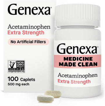 Genexa Clean Acetaminophen Extra Strength, Dye Free Pain Reliever & Fever Reducer, 0% Artificial Additives, Pain Relief For Headache, Backache, Toothache, & Minor Arthritis, 500Mg, 100 Caplets