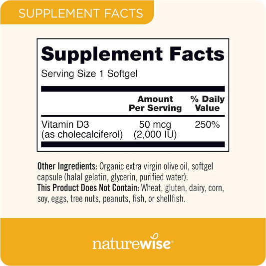 Naturewise Vitamin D3 2000Iu (50 Mcg) Healthy Muscle Function, And Immune Support, Non-Gmo, Gluten Free In Cold-Pressed Olive Oil, ( Mini Softgel), 30 Count, (Package May Vary)