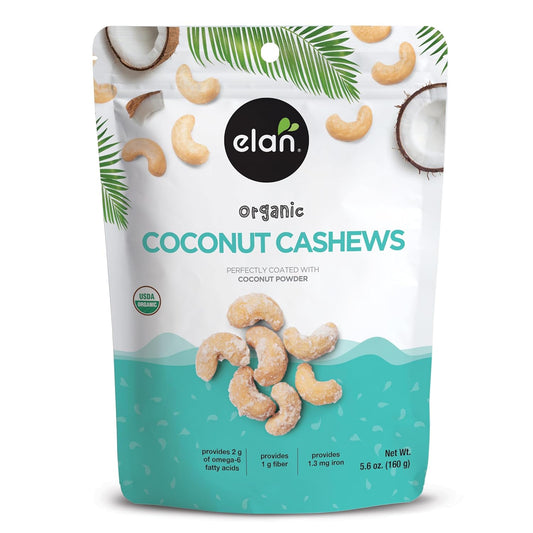 Elan Organic Coconut Cashews, 5.6 oz, Non-GMO, Gluten-Free, Vegan, Kosher, Glazed Nuts (Roasted Cashews, Coconut Milk Powder, Himalayan Pink Salt), Superfood Infused Nuts, 8 pack of 5.6 oz
