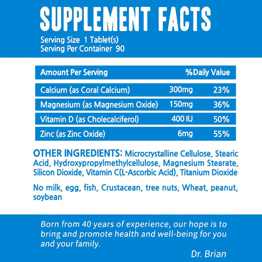 Dr. Brian Calcium Supplement Supports Bone Strength, Calcium Magnesium Zinc With Vitamin D3 & Multiminerals Help Joint Teeth Health, Magnesium Supplement, Non-Gmo, Soy And Gluten Free (90 Tablets)