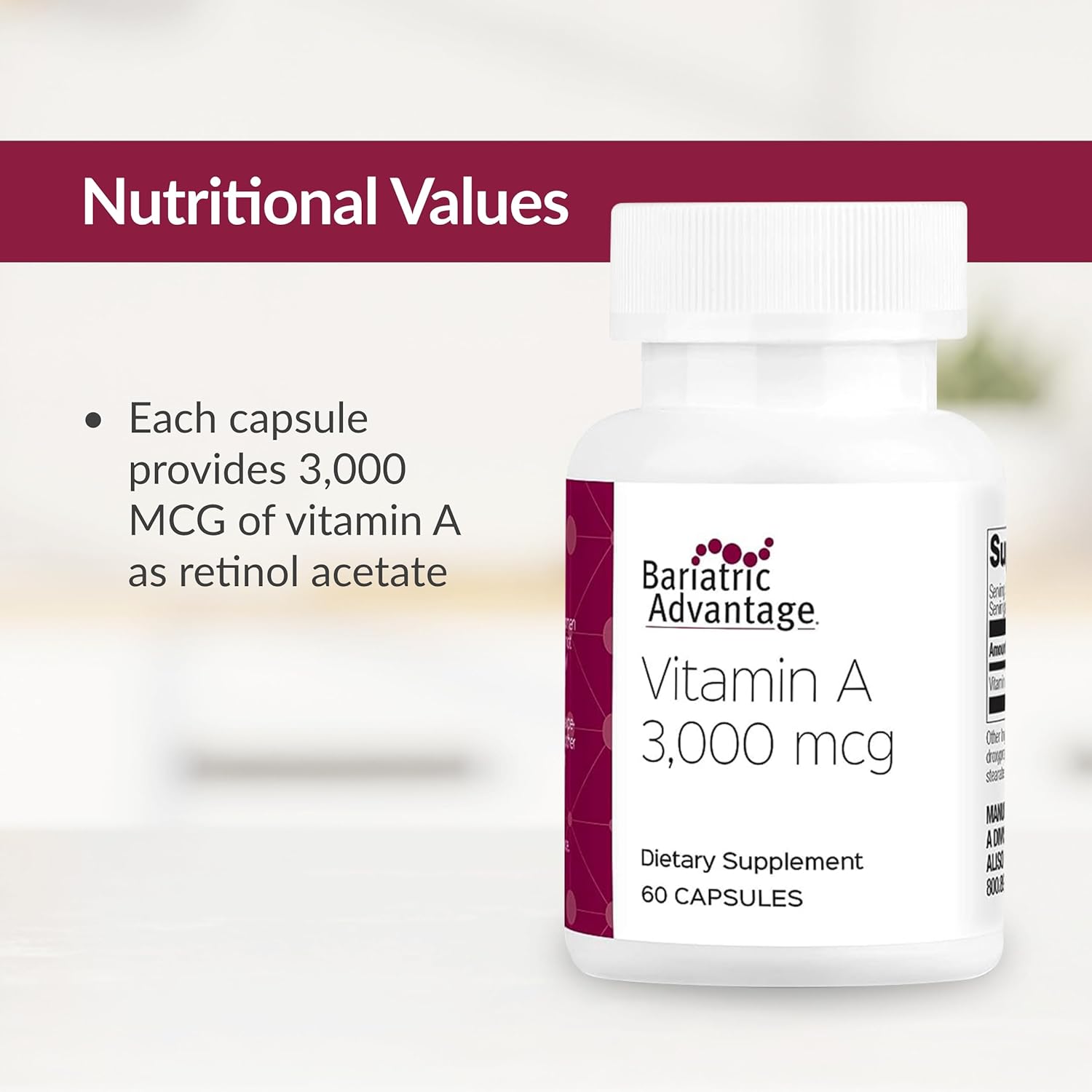 Bariatric Advantage Vitamin A 3,000 Mcg - For Bariatric Surgery Patients - Easy-Digest Mini Capsules - Vitamin A Supplements - Eye Health Support* - 60 Count : Health & Household