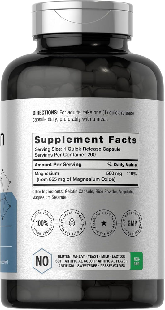 Horbäach Magnesium Oxide 865 mg | 200 Capsules | Non-GMO and Gluten Free Supplement