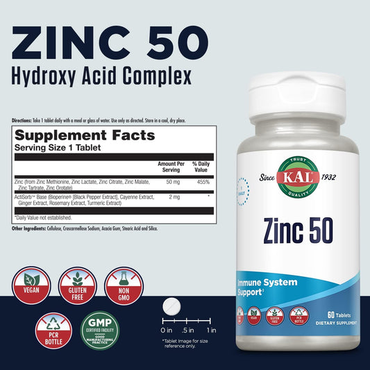 KAL Zinc 50mg Hydroxy Acid Complex, Healthy Metabolism and Immune Supp