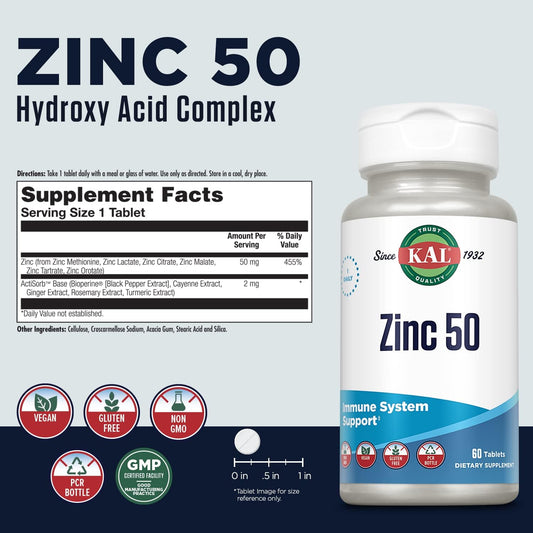 Kal Zinc 50Mg Hydroxy Acid Complex, Healthy Metabolism And Immune Support Supplement With Zinc Orotate, Zinc Citrate, Enhanced Absorption W/Actisorb, Vegan, Gluten Free, Non-Gmo, 60 Serv, 60 Tablets