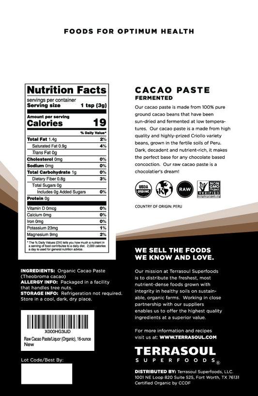 Terrasoul Superfoods Raw Organic Cacao Paste, 16 Oz, Pure And Rich Dark Chocolate For Gourmet Desserts, Smoothies, And For All Your Diy Decadent Chocolate Creations