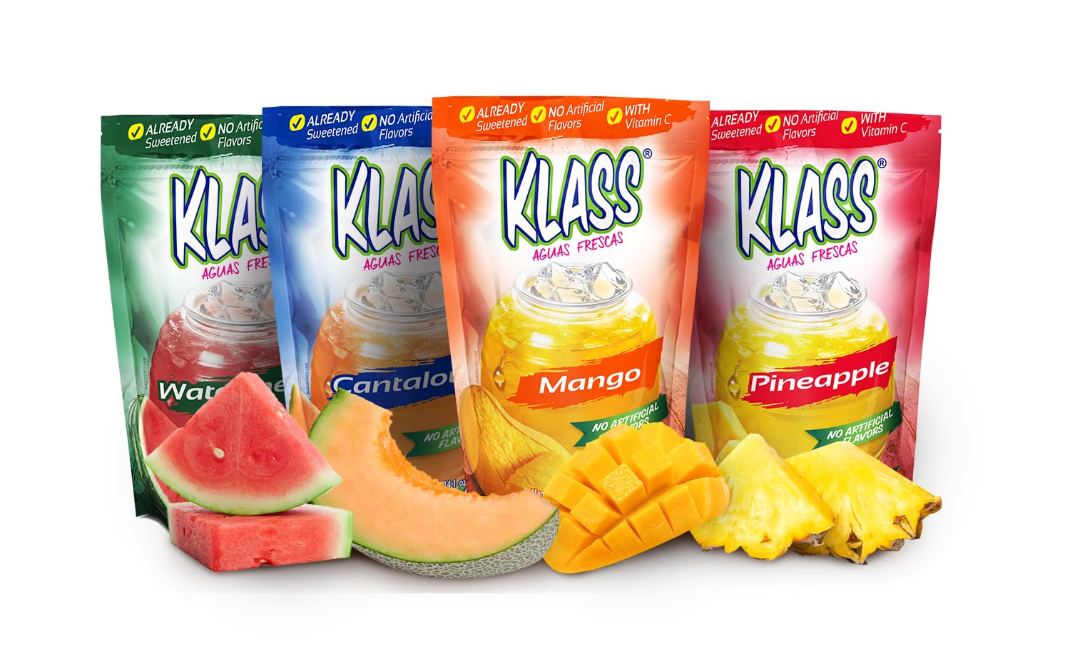 Drink Mix Variety Pack Of Aguas Frescas | Klass Watermelon, Cantaloupe, Mango & Pineapple Drink Flavors | From Natural Sources, No Artificial Flavors, With Vitamin C (Makes 7 To 9 Quarts) 14.1 Oz Family Pack (4-Pack)