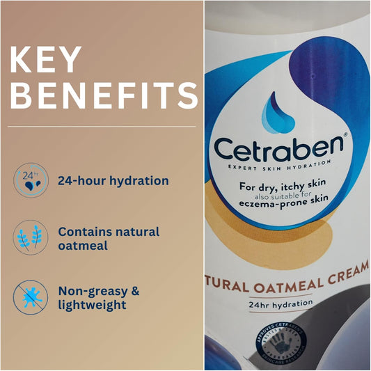 Cetraben Natural Oatmeal Cream, For Dry, Sensitive & Eczema-Prone Skin, Provides 24 Hour Hydration, Soothing, Lightweight And Quick Drying, For Daily Use On The Body And Face, 1 X 475G