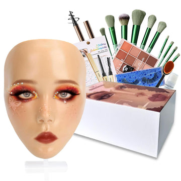 Makeup Mannequin Face Kit, Silicone Makeup Practice Full Face For Must Haves, Mannequin Face For Makeup Practice With Makeup Brushes Set & Eye Shadow & Eyebrow Pencil-Bright