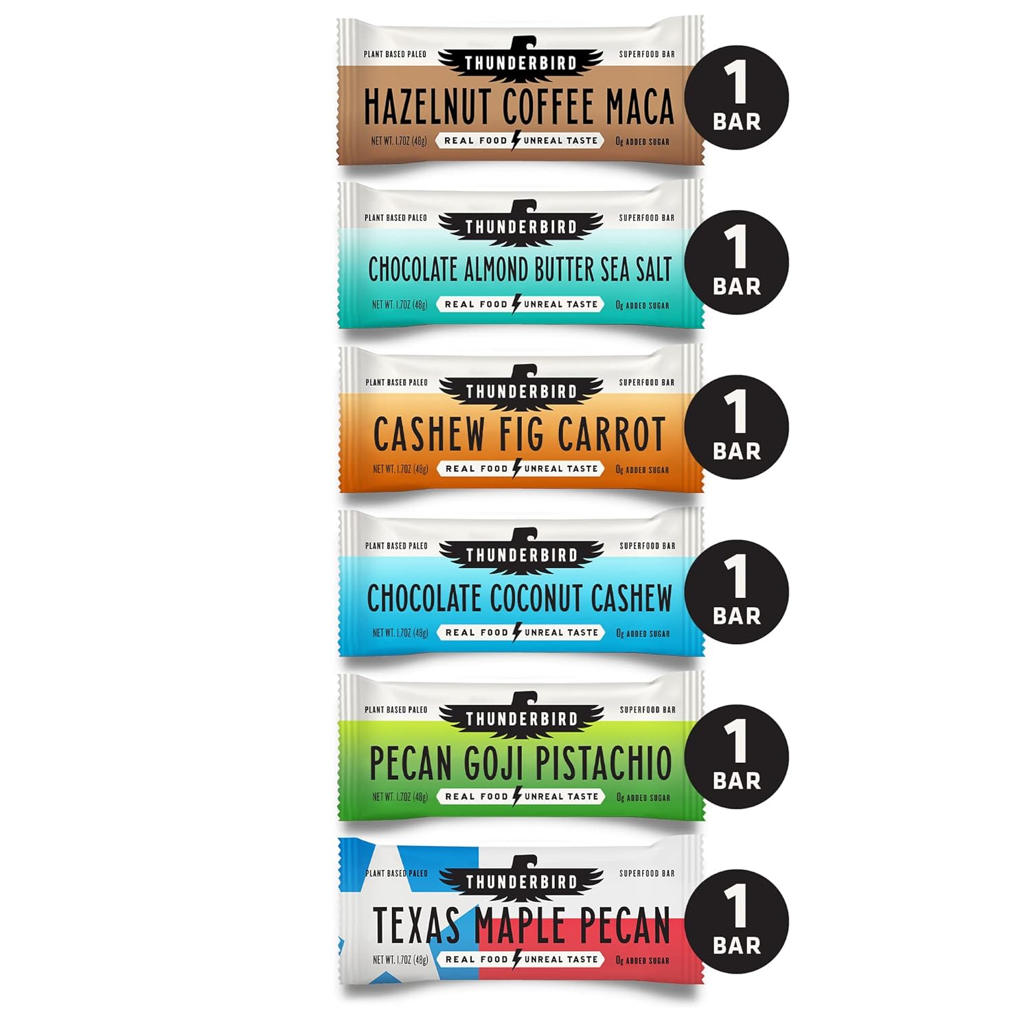 Thunderbird Bars Energy Snack, Gluten-Free With Protein, Healthy Real Food, Vegan Paleo Non-Gmo, No Added Sugar, Variety Flavor Pack (6 Count, 2 Of Each Flavor, 1.7 Oz. Bars) : Health & Household